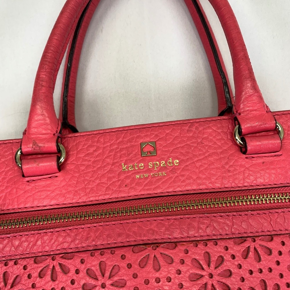 Kate Spade New York Coral Pink Leather Satchel Floral Handbag Tote Missing Strap - Picture 2 of 16